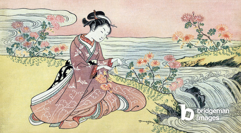 Japan: Eine Bijin oder schöne Frau pflückt Blumen an einem Fluss, um 1765 von Suzuki Harunobu