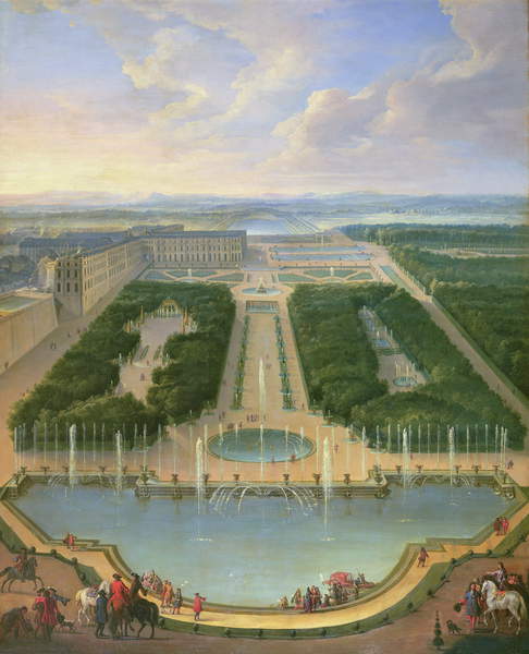 Perspektivische Ansicht des Chateau de Versailles vom Neptunbrunnen aus gesehen, 1696 (Öl auf Leinwand) Jean-Baptiste Martin (1659-1735) / Chateau de Versailles, Frankreich / Bridgeman Images 