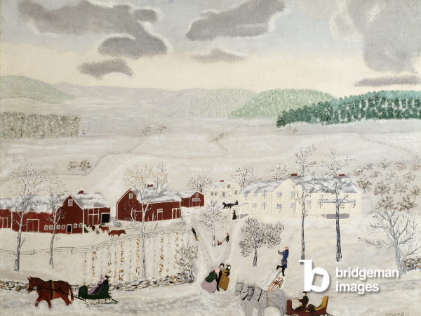Gemälde von Grandma Moses, das eine verschneite Szene im Dezember zeigt