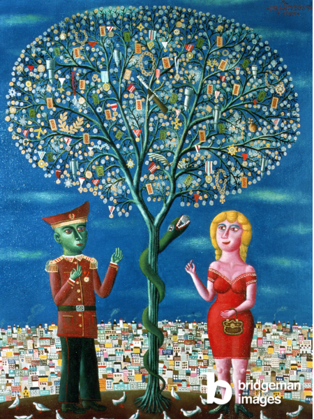 Tamás Galambos Kunstwerk zeigt zwei Figuren, die an einem Baum stehen