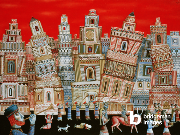 Tamás Galambos Kunstwerk zeigt eine Ansammlung von Gebäuden vor einem roten Himmel
