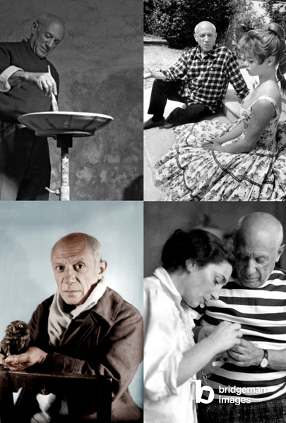 Montage von Fotografien von Pablo Picasso, die das Leben des Künstlers abbilden