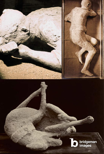 Montage von Bildern aus dem antiken Pompeji und Fotos von Opfern des Ausbruchs des Vesuvs im Jahr 79 n. Chr.