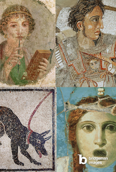 Montage von Pompeji-Bildern und Fotos von Mosaiken und Fresken, die im antiken Pompeji gefunden wurden