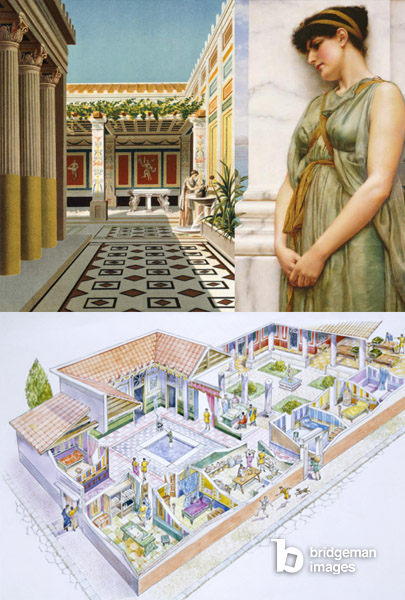 Montage von Bildern und Fotos aus dem antiken Pompeji, die die Rekonstruktion der letzten Tage von Pompeji durch Künstler zeigen