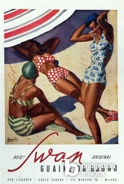 Swan-Poster für Bademode, drei junge Frauen in Badekostümen mit gebräunter Haut sonnen sich an einem Strand. Illustration von Gino Boccasile