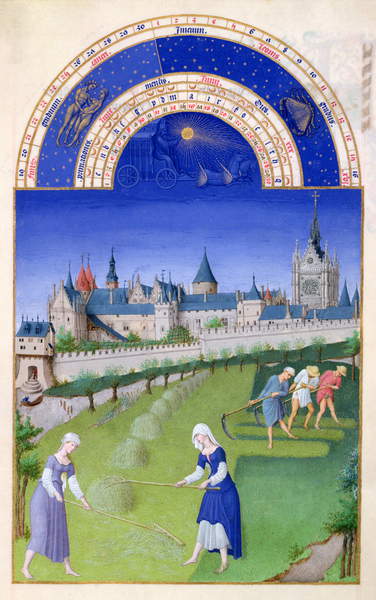 Ms 65/1284 f.6v Juni: Heuernte, aus "Tres Riches Heures du Duc de Berry" (Stundenbuch des Herzogs von Berry), Brüder von Limburg  