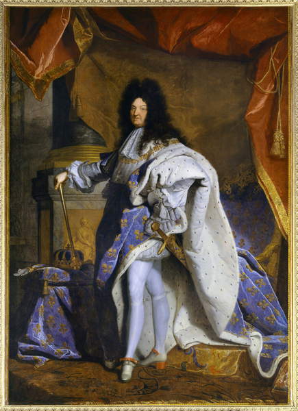 Porträt Ludwigs XIV. im Alter von 63 Jahren in großem königlichem Kostüm, Gemälde aus der Werkstatt von Hyacinthe Rigaud / Château de Versailles, Frankreich © Photo Josse / Bridgeman Images