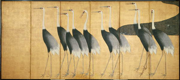  Six-panel screen depicting Cranes, Edo Period (ink, colour, gold & silver on paper), Korin, Ogata (1658-1716) / Freer Gallery of Art, Smithsonian Institution, USA / Freer Gallery of Art, Smithsonian Institution / Gift of Charles L. Freer / Bridgeman Images 