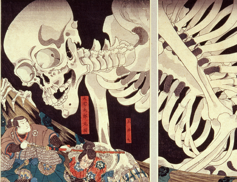 Mitsukini Defying the Skeleton Spectre, c.1845 (hand coloured woodcut print), Utagawa Kuniyoshi,  (1798-1861) / Victoria & Albert Museum, London, UK / Bridgeman Images