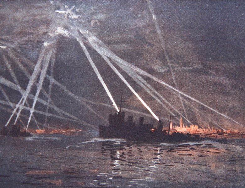 Blood and Iron: An Air-raid in the North, illustration from 'The Naval Front' by Gordon S. Maxwell, 1920 (colour litho), Donald Maxwell, (1877-1936) (after) / The Stapleton Collection