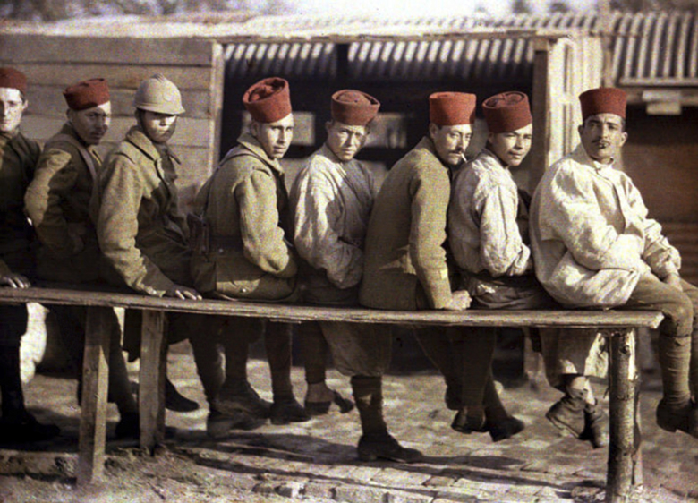 Group of Algerian soldiers following the retreat of the German army, Noyon, Oise, France, 1917 (autochrome) Fernand  Cuville (1887-1927)