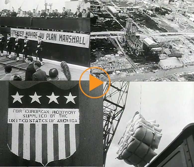  Victorious US troops in France, aftermath damage of WWII, Marshall Plan aid arrives. 1945 / Bridgeman Footage