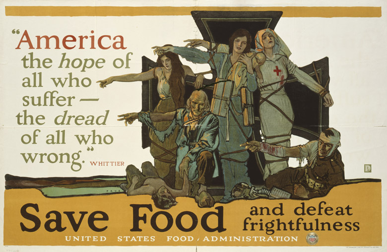 'Save food and defeat frightfulness', poster advocating the sparing use of food, printed by The Strobridge Co., Cincinnati & New York, 1917-18, (colour litho), Herbert Paus, (1880-1946) / Deutsches Historisches Museum, Berlin, Germany / © DHM