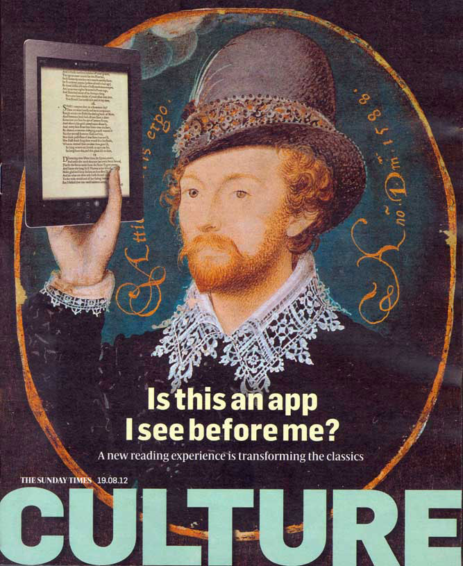 Sunday Times Culture section. 19 August 2012. Image: Man clasping hand from a cloud, possibly William Shakespeare, 1588, Nicholas Hilliard (1547-1619) / Bridgeman 