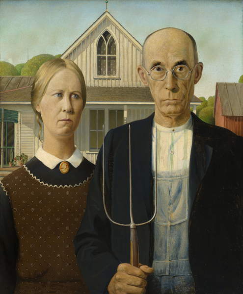 American Gothic, 1930 (oil on beaver board) , Wood, Grant (1891-1942) / The Art Institute of Chicago, IL, USA / Friends of American Art Collection / Bridgeman Images